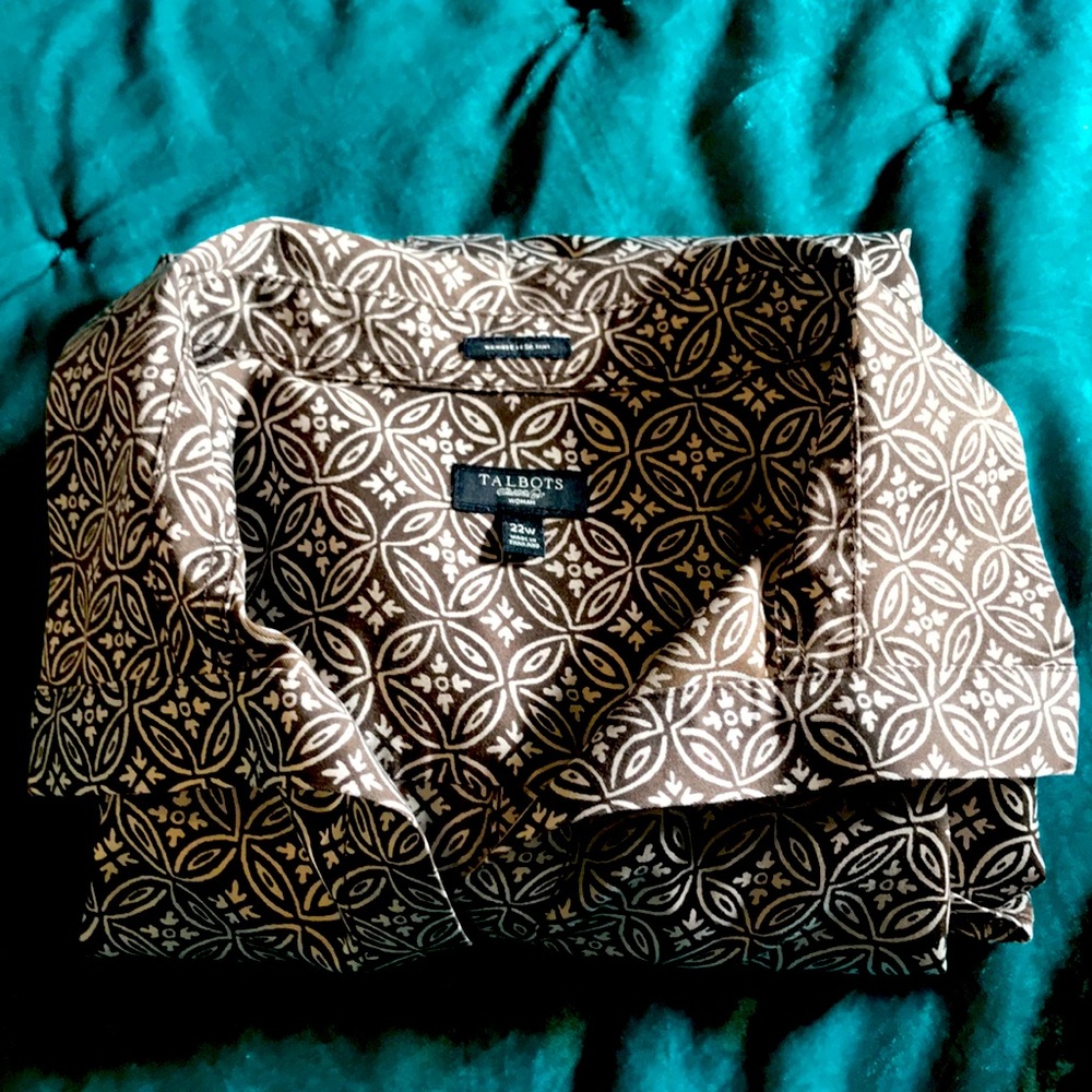 TALBOTS Brown and Cream Button-Down Shirt 3/4 sleeves EUC